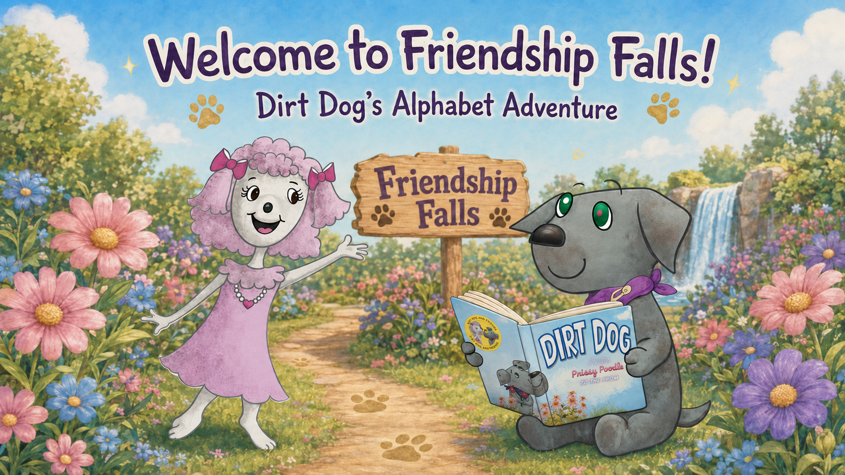 Welcome to Friendship Falls—Dirt Dog and Prissy Poodle invite children on an alphabet adventure.